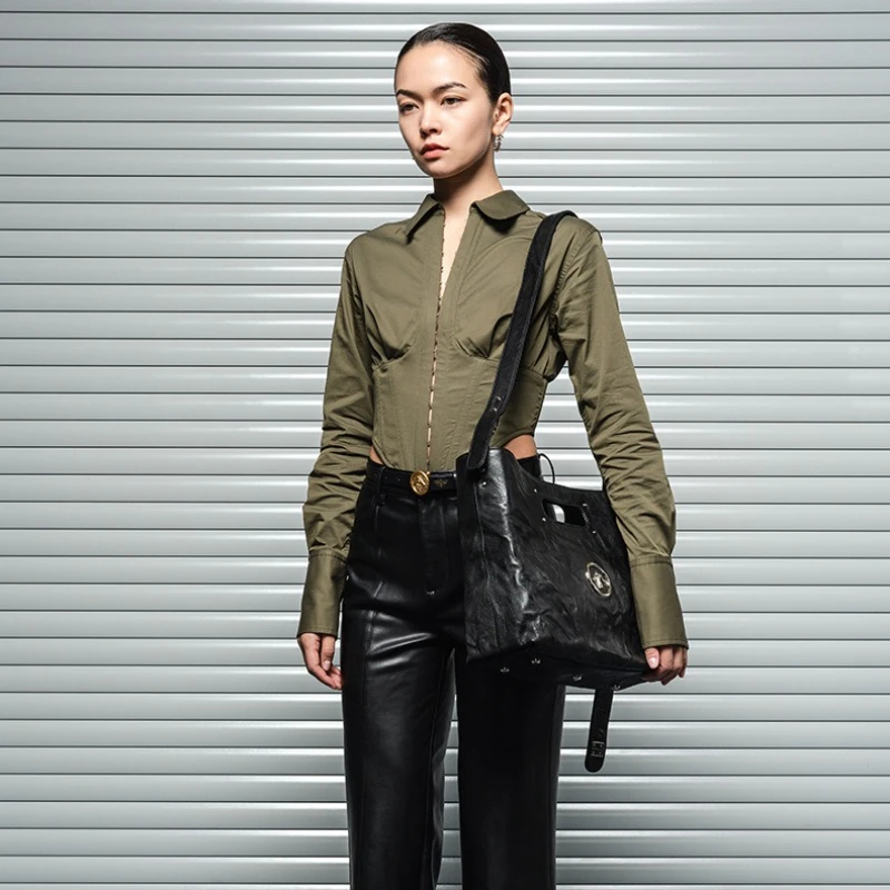 GROTTO Black Stone CARRY Italian Sheepskin Trendy Large Capacity Tote Bag Lightweight and Portable