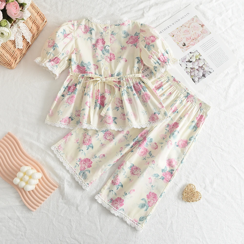 Bear Leader Girls Suit Summer 2023 New Korean Version of The Short-sleeved Bubble Sleeve Shirt + Wide-legged Pants Girls Suit