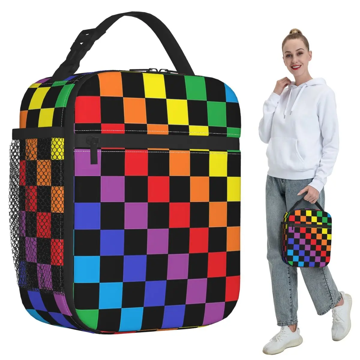 Checkered Rainbow Black Insulated Lunch Bag for Kids School Cooler Thermal Food Box Tote Leakproof Lunch Boxes Container
