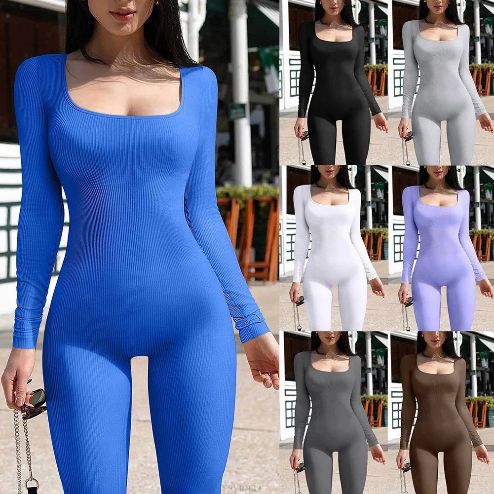 Women Yoga Jumpsuits One Piece Workout Ribbed Long Sleeve Rompers Square Neck Sport Exercise Bodysuits Gym Sportswear