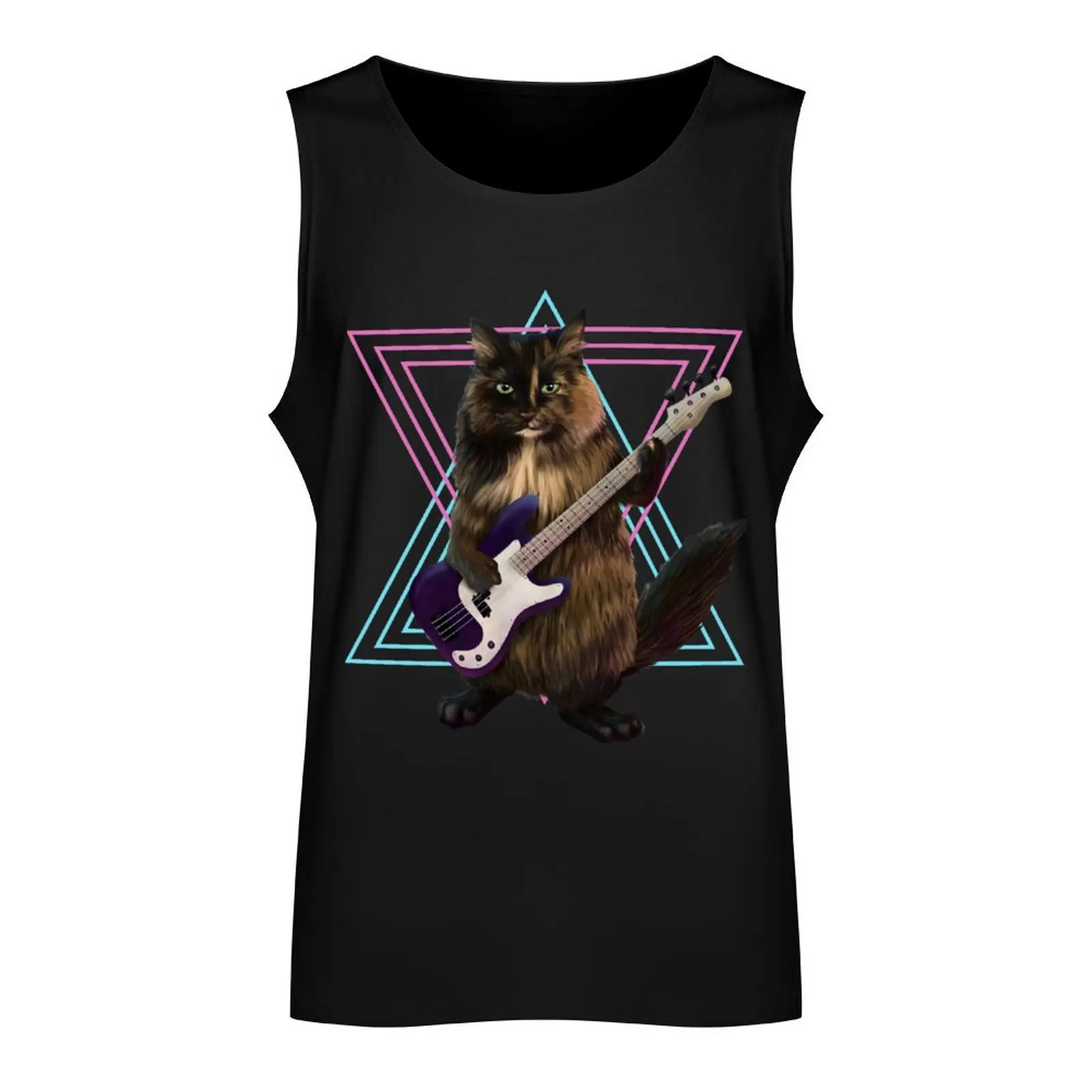 Cat playing bass guitar Tank Top sleeveless shirt man Gym man t-shirts for men