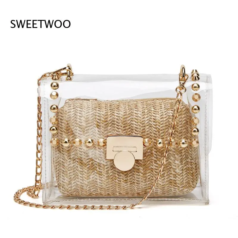 2026 Transparent Pvc Straw Woven Flip Crossbody Bag Metal Lock Buckle Thin Chain Strap Summer Beach Small Shoulder Purse