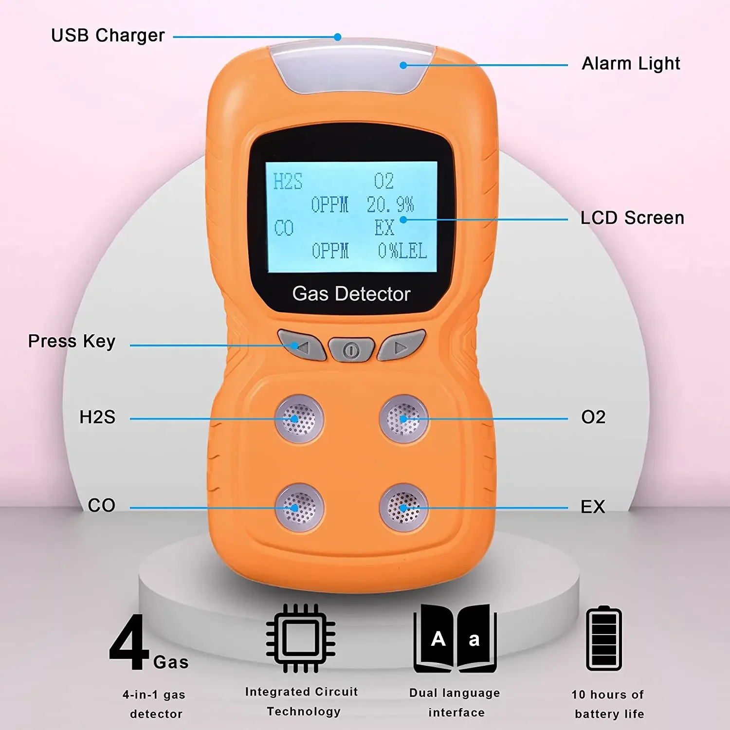 Portable Multi-functional Rechargeable 4 in 1 Gas Meter Tester Analyzer with Digital Display Voice Sound Light Vibration Alarm