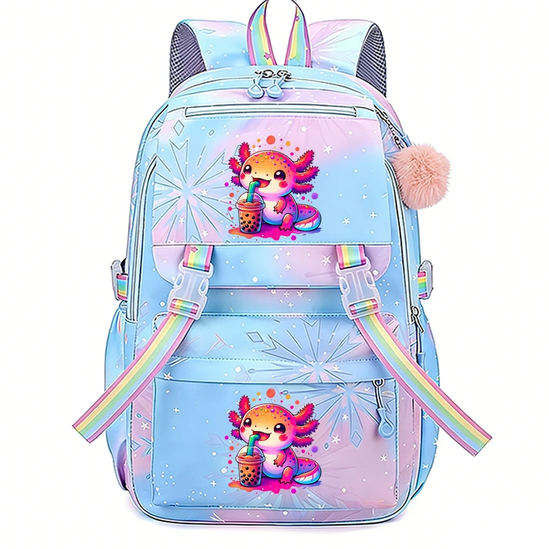 Rainbow Axolotl Boba Print Backpack Bag Large Lightweight Bookbag Cute Cartoon Schoolbag for Girls Casual Travel Commute Daypack