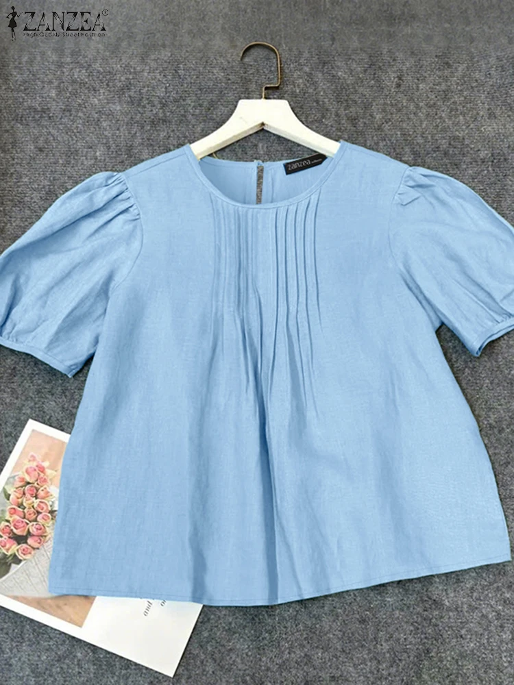 

ZANZEA Summer Cotton Linen Blouses Women Fashion Pleated-Bib O-Neck Short Puff Sleeve Blusas Mujer Everyday Solid Color Chemise