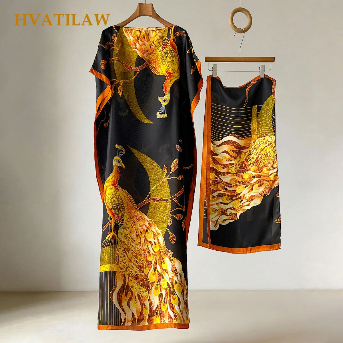 Women Summer Dress Chinese-style Printed Silk Scarf Women Outerwear Beach Vacation Sun-protective Shawl Cape Robe Turban Suit