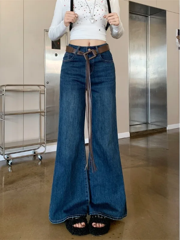 

Fashionable Deep Blue Bell Bottom Jeans Women's High Waist Spring 2026 New Wide Leg Retro Long Pants Versatile Casual Commute...