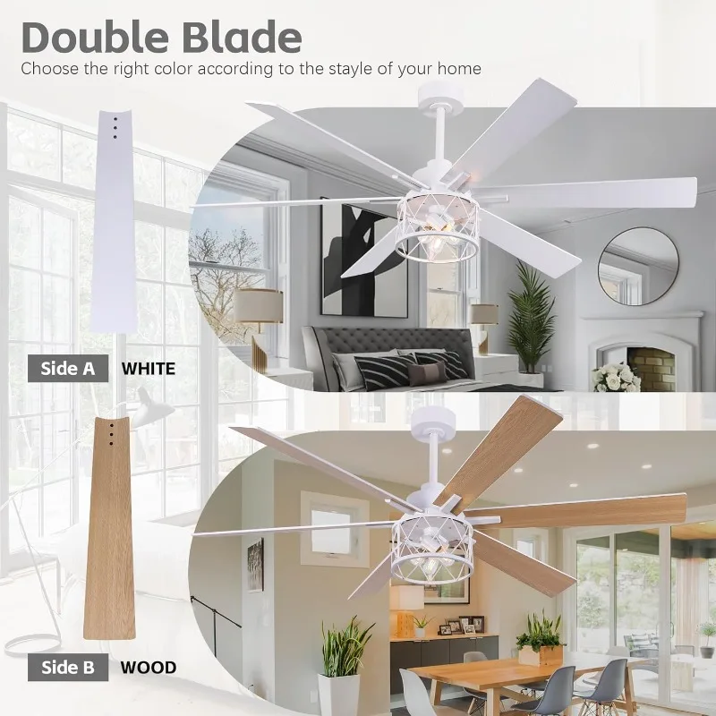 Large Farmhouse Ceiling Fan with Caged Light Fixture - Wood Industrial Indoor/Outdoor Ceiling Fan Lights for Patio, Living Room