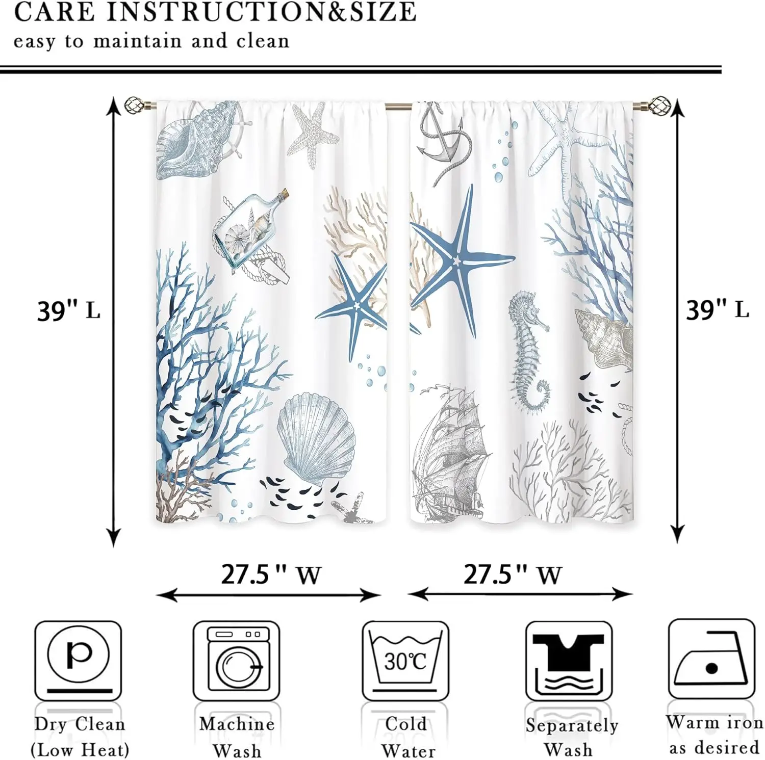 Blue White Nautical Ocean Coastal Marine Life Starfish Seashell Print Curtains 2pcs Window Drapery Panels for Beach Decor