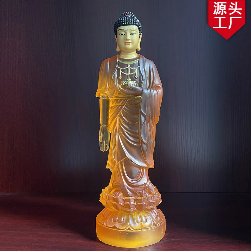 Translucent Water-Glass Amitabha Buddha Standing Statue, Hand-Gilded Gold-Leaf & Painted Resin Figurine, 28 cm