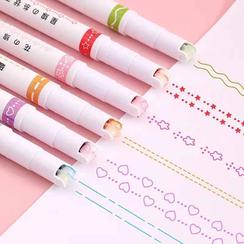 6Pcs/Set Highlighter Pen Line Shaped Color Roller Tip Curve Liner Art Contour Marker Highlighter Journal School Stationery