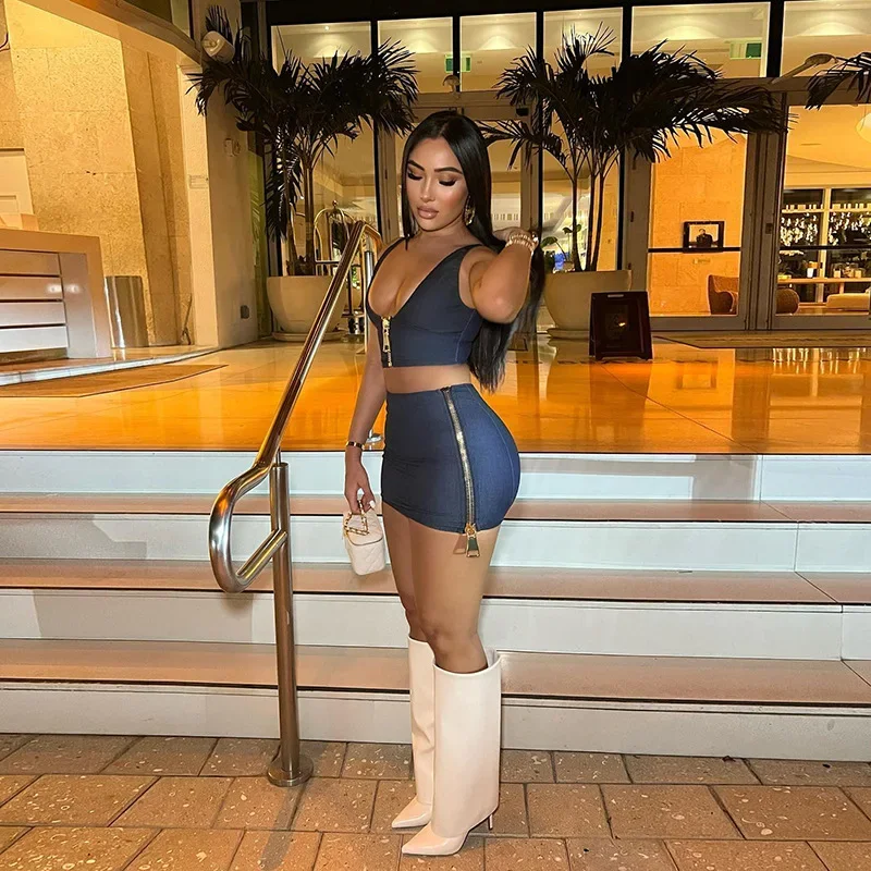 CPSYMYM Cusual Summer 2 Piece Set Women Fashion Zip-up V-neck Midriff Tanks + High Waist Matching Skirts Female Street Outfits