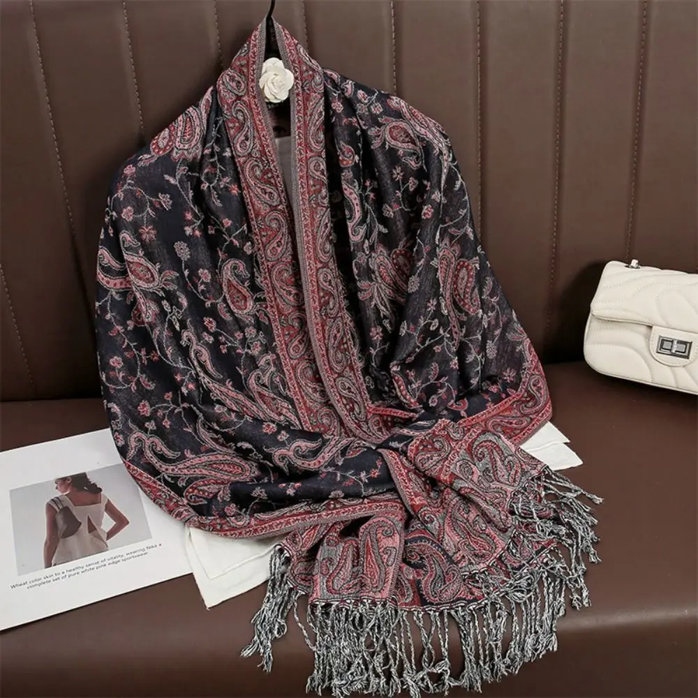 

Casual Warm Tassel Blanket Shawl Printed Pashmina Cashmere Shawl Ethnic Windproof Headscarf for Mom