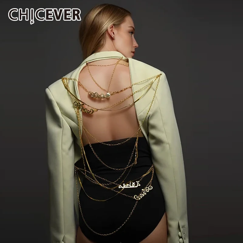 CHICEVER Backless Patchwork Chain Blazers For Women Notched Collar Long Sleeve Spliced Button Solid Fashion Blazer Female Spring