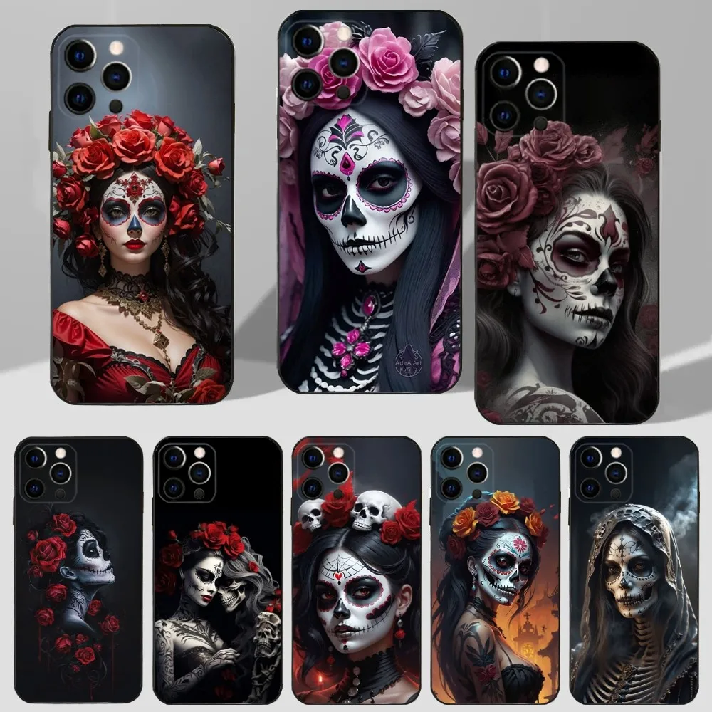 Mexican Catrina Skull Girl Phone Case For iPhone 16,15,14,13,12,11 Plus,Pro Max,XS,X,XR,SE,Mini,8,7 Soft Silicone Black Cover