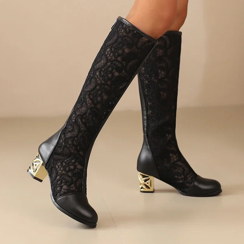 Plus Size Breathable Lace Mesh Patchwork PU Breathable Summer Women's Knee Boots Metal Thick Heels Zipper Sweet Boots