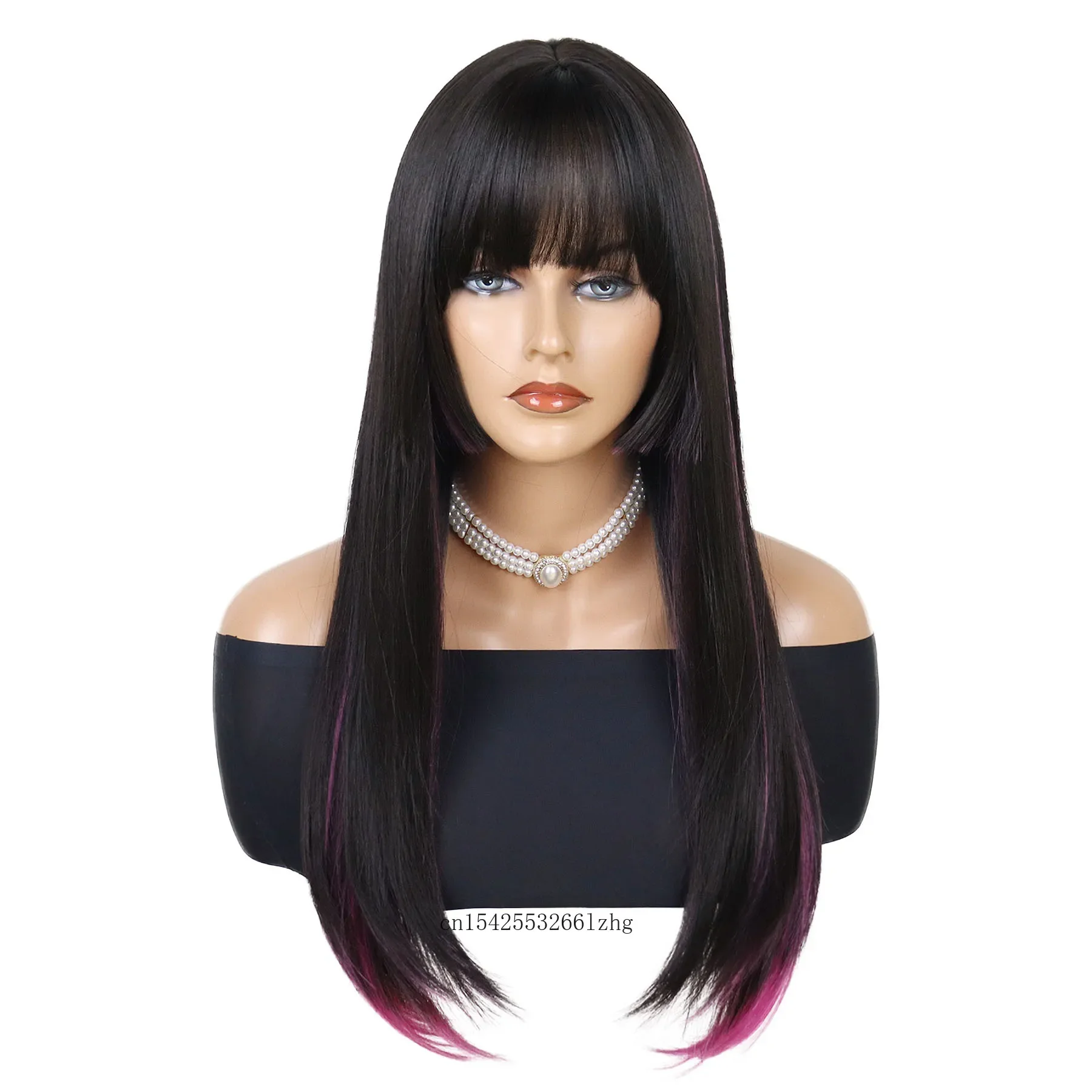 GNIMEGIL Synthetic Hair Long Straight Wigs with Bangs Natural Wig for Women Casual Wig Brown Blend Wig with Highlights Rose Red