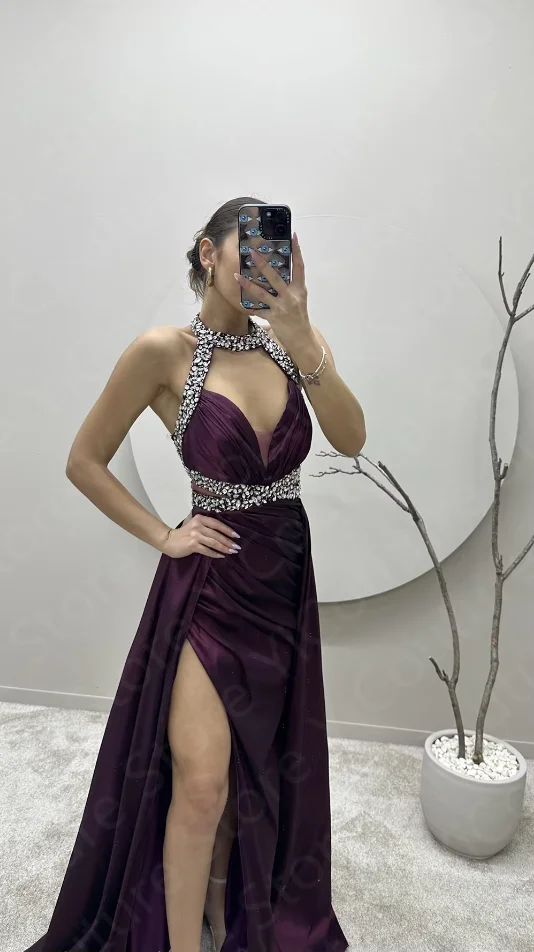Vestidos de fiesta morados clásicos personalizados, vestidos de noche sin mangas con abertura en el muslo, vestido de fiesta de cumpleaños con cuello Halter, vestido de noche con espalda descubierta