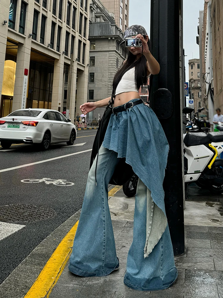 REDDACHiC Y2k Denim Skirt Overlay Bootcut Pants Women Asymmetrical Trailing Wide Leg Tall Girls Flare Jeans Vintage Streetwear