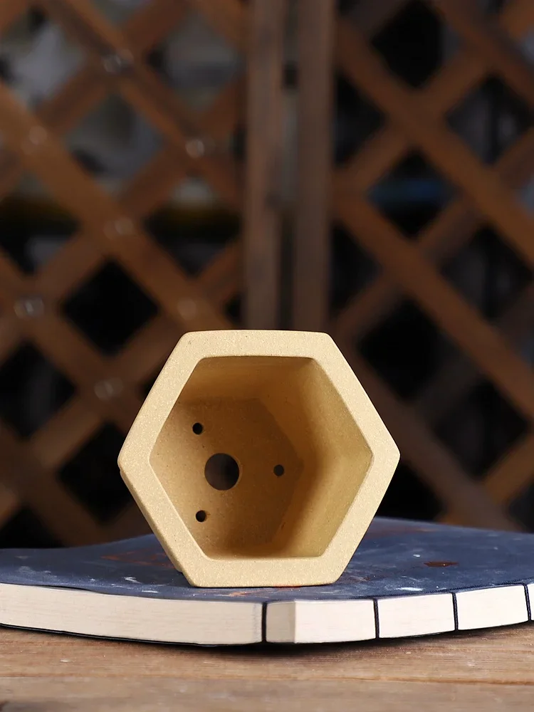 Handmade Hexagon Carved Pottery Bonsai Pot, Small Vase, Chinese Pattern, Home Table, Room, Desk, Garden Decoration