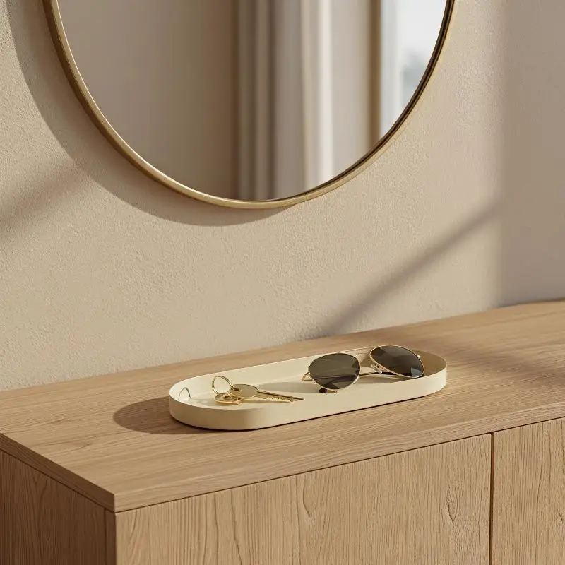 Oval Long Metal Storage Tray Matte Cream Decorative Organizer Plate For Bathroom