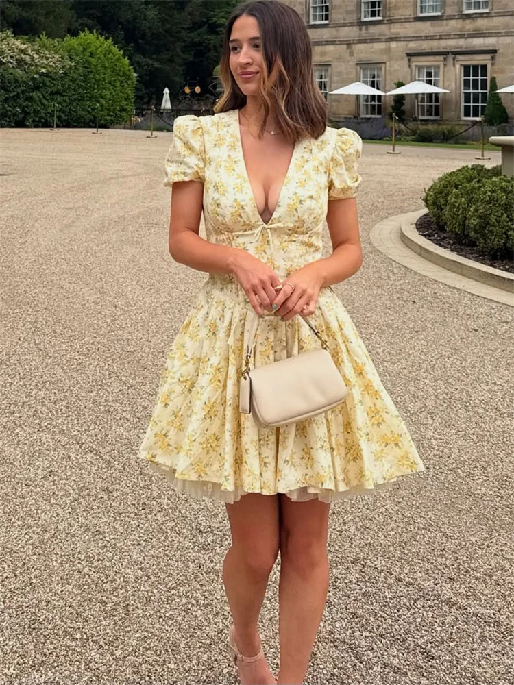 

Tossy Summer Printed Lace-Up Mini Dress Female V-Neck Fashion Short Sleeve Elegant Luxury Commute Dress Women's Bodycon Dress
