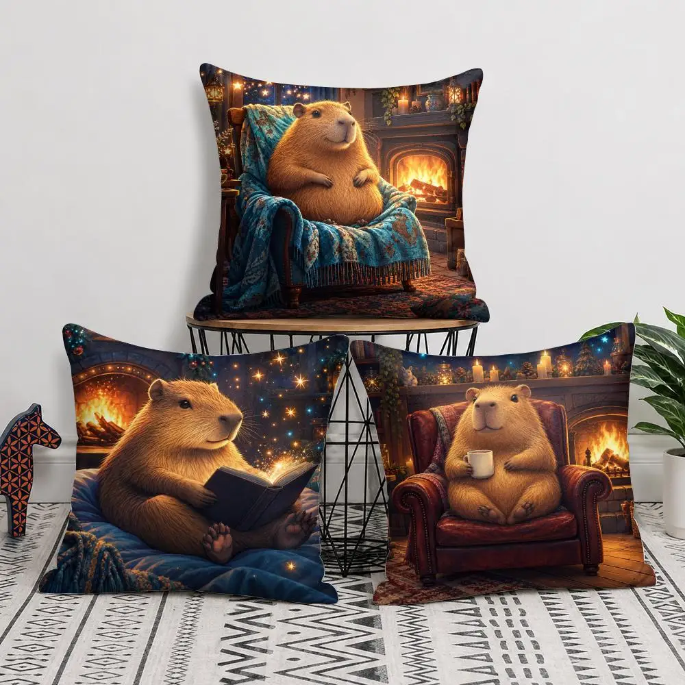 Cozy Capybara Fireside Stories Cushion Cover Soft Short Plush Pillow Cover Smooth Cozy Texture Cushion Case Home Decor