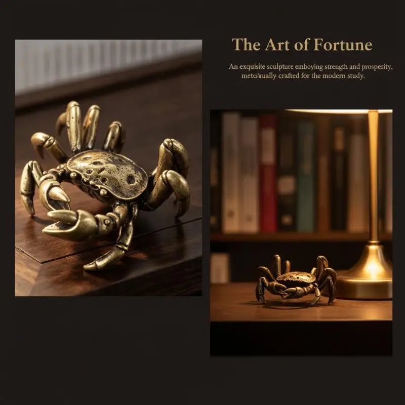 [J] Solid Brass Crab Figurine Vintage Antique Finish Hand Carved Details Perfect For Home Decor Collection Display
