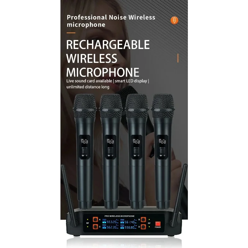 Professional UHF System Wireless Microphone 4 Channel one to four microphones for stage host home Karaoke microphone