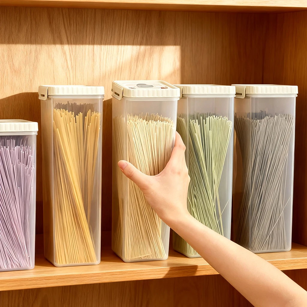 يمكن شراء صندوق تخزين المعكرونة مع مقبض المعكرونة البلاستيكية المقاومة للرطوبة مختومة يمكن السباغيتي تخزين الحاويات منظم مطبخ #1