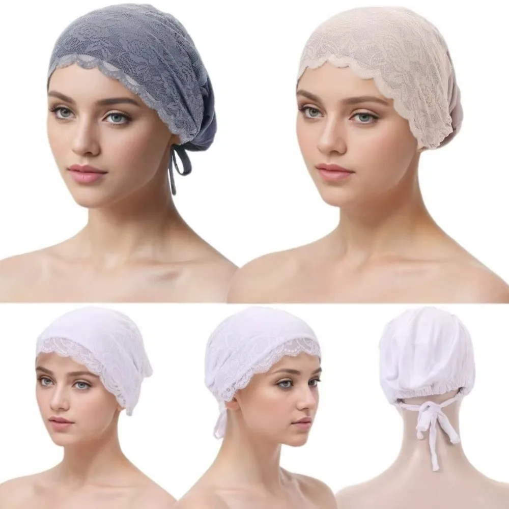 Fashion Elegant Turban Hat Solid Color Elastic Hijab Cap Breathable Tie Straps Under Scarf Caps Female Head Covering