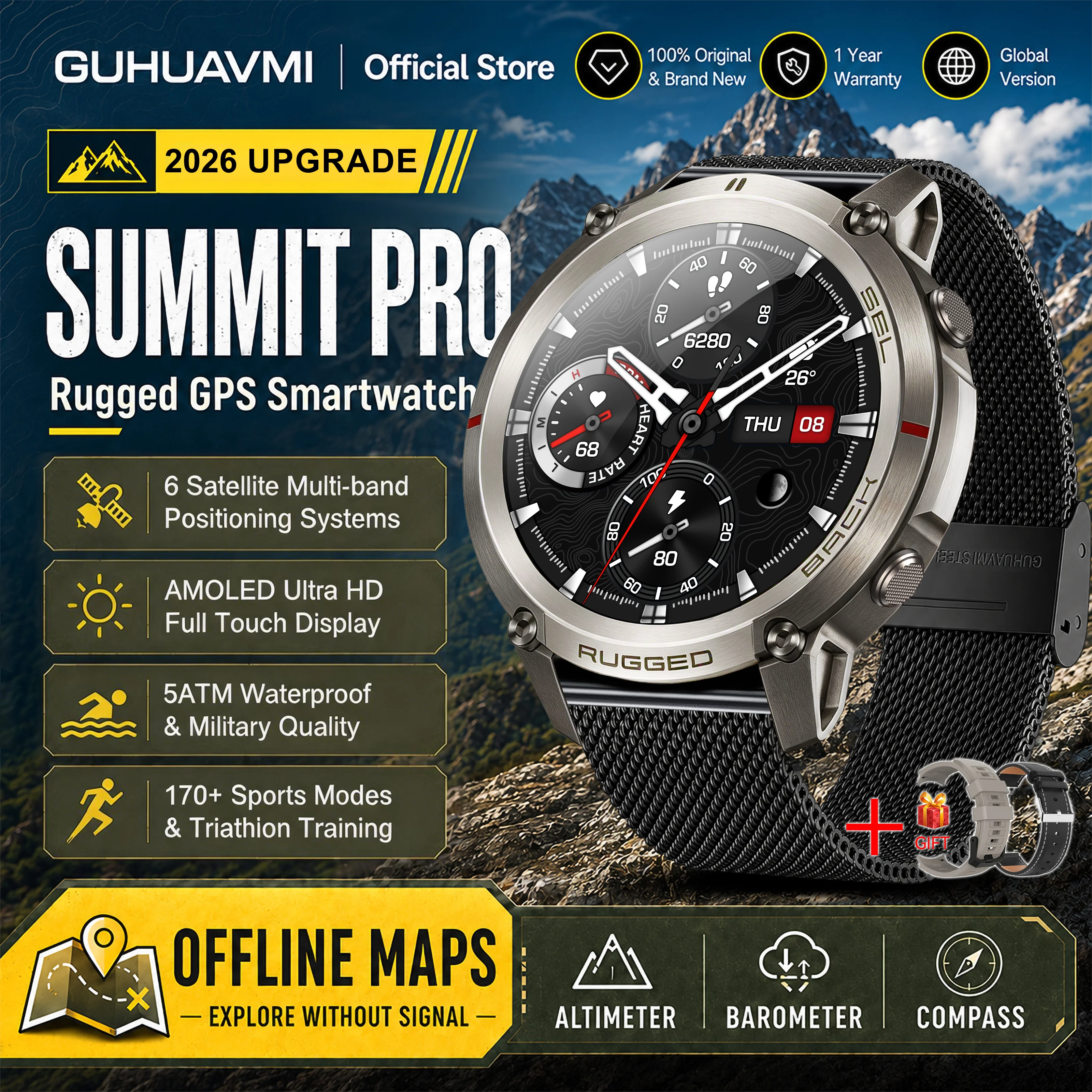 2026 Militärische Satelliten-Offline-Karten-GPS-Smartwatch für Herren 1,43'' AMOLED Bluetooth-Anruf Kompass 5ATM Wasserdicht 170+ Sportarten Smartwatch