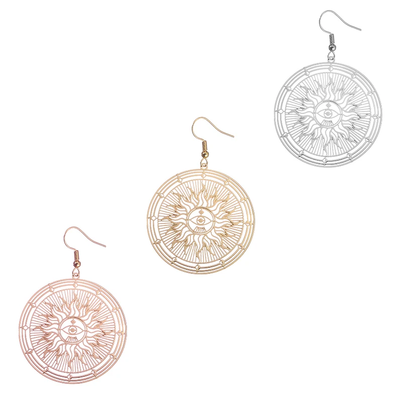 Classic Light Luxury Fashion Women's Gift Metal Jewelry Carved Copper Plate Flower Flakes Shiny Sun Gold Charming Eye Earrings