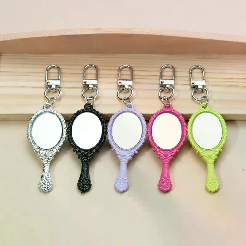 Vintage Mini Handheld Mirror Keychain With Embossed Frame Car Key Ring Bag Charm Backpacks Purses Pendant Party Gift
