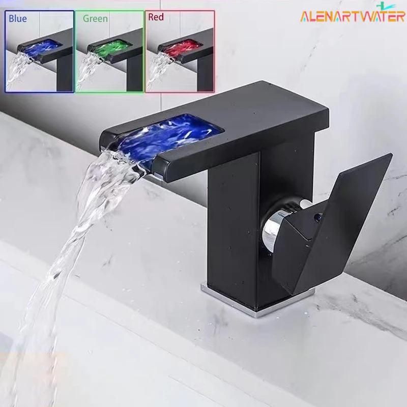 Grifo de lavabo negro LED de lujo, grifo alto y corto para baño, monomando, flujo de agua fría y caliente, produce electricidad