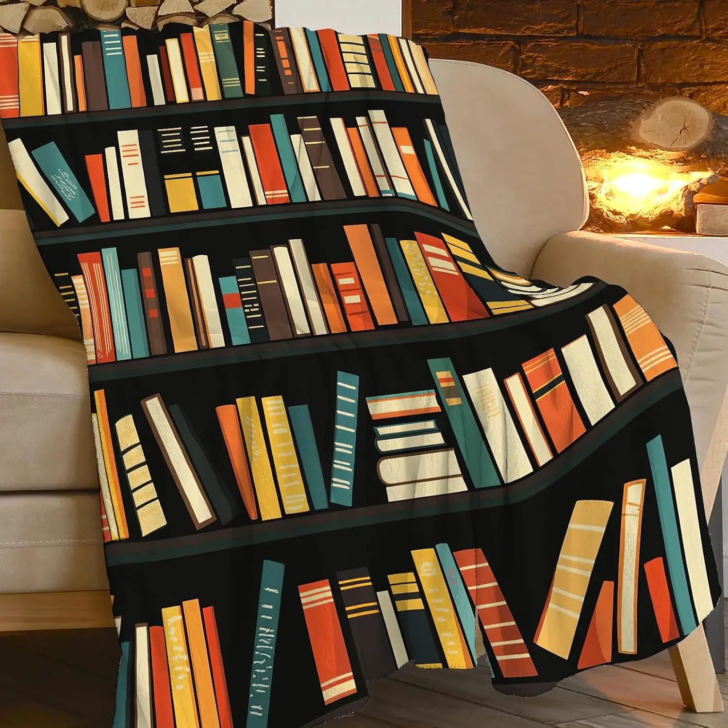 Stylish Stacked Book Shelf Illustration Dark Base Flannel Throw Blanket Soft Warm Cover For Bookworm Couch Reading Bedroom Decor