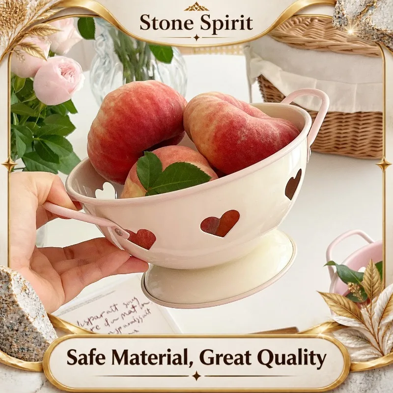 Korean Style Pink Metal Fruit Basket, Aesthetic Colander with Drainage Holes for Washing Vegetables,Kitchen & Dining Table Decor