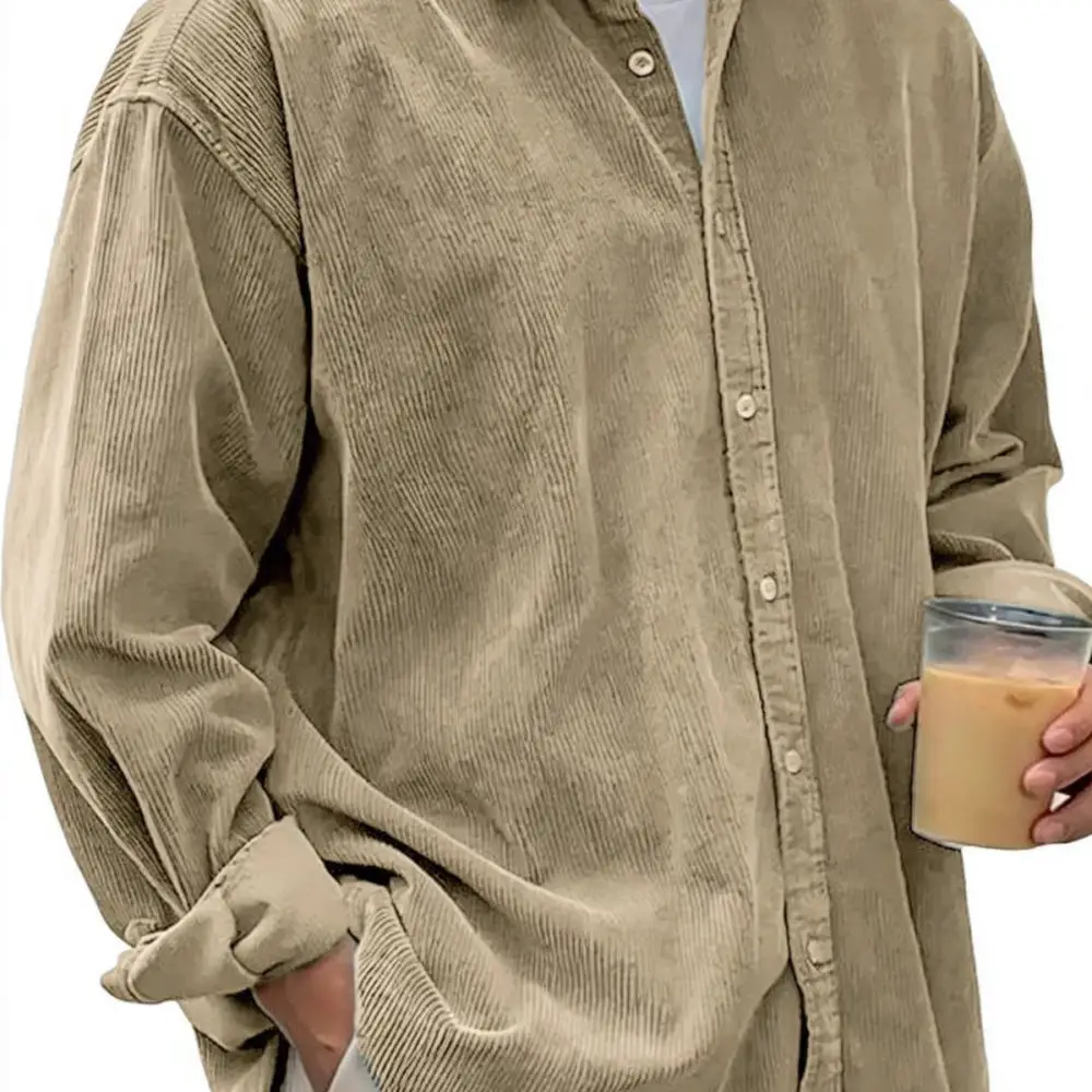 Mens Corduroy Shirts Loose Fit Casual Long Sleeve Tops Male Spring Autumn Fashion Solid Color Comfortable Outwear Shirt