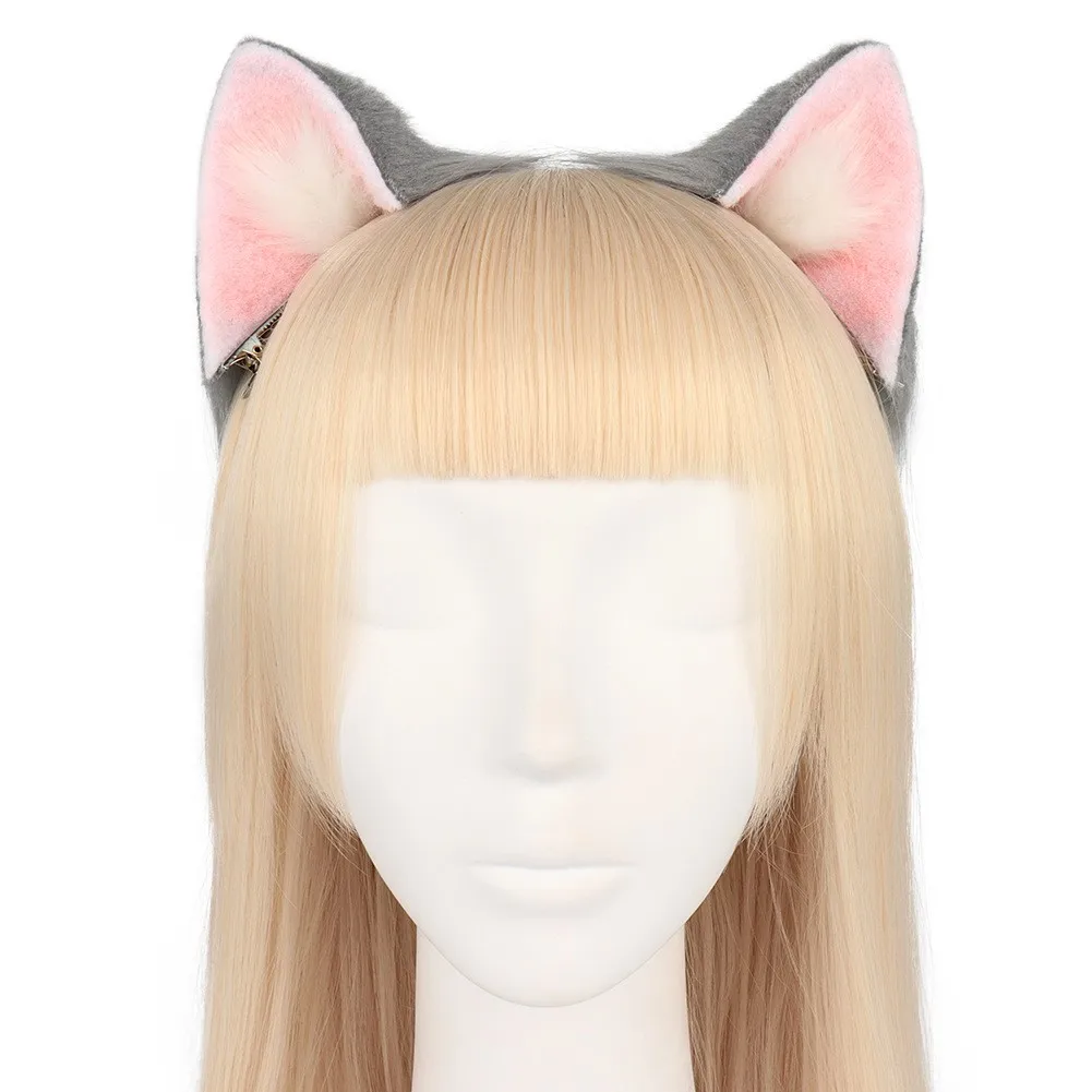 Cosplay Anime Hair Clip Cat Ear Gray Pink Hair Clips Furry Animal Ears Barrettes Plush Double Braid Hair Cosplay Accessory view 5