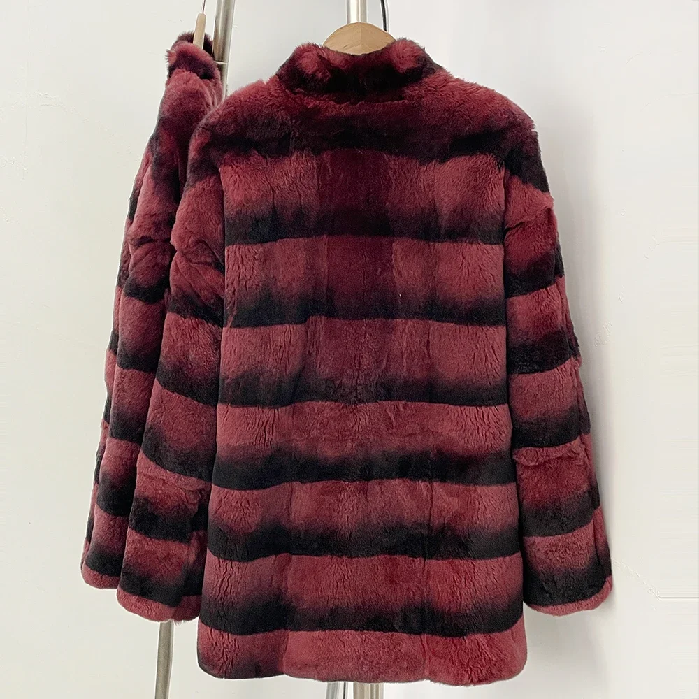 OFTBUY Neuer Lockerer Vintage Luxus Wintermantel für Damen Mittellanger Echter Kaninchenfell-Mantel Horizontal Gestreifter Pelz-Überziehmantel – Detail 9