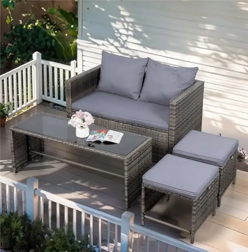 4 Piece Patio Furniture Set, Outdoor Wicker Conversation Set Rattan Sectional Sofa with Cushions & Coffee Table for Backyard