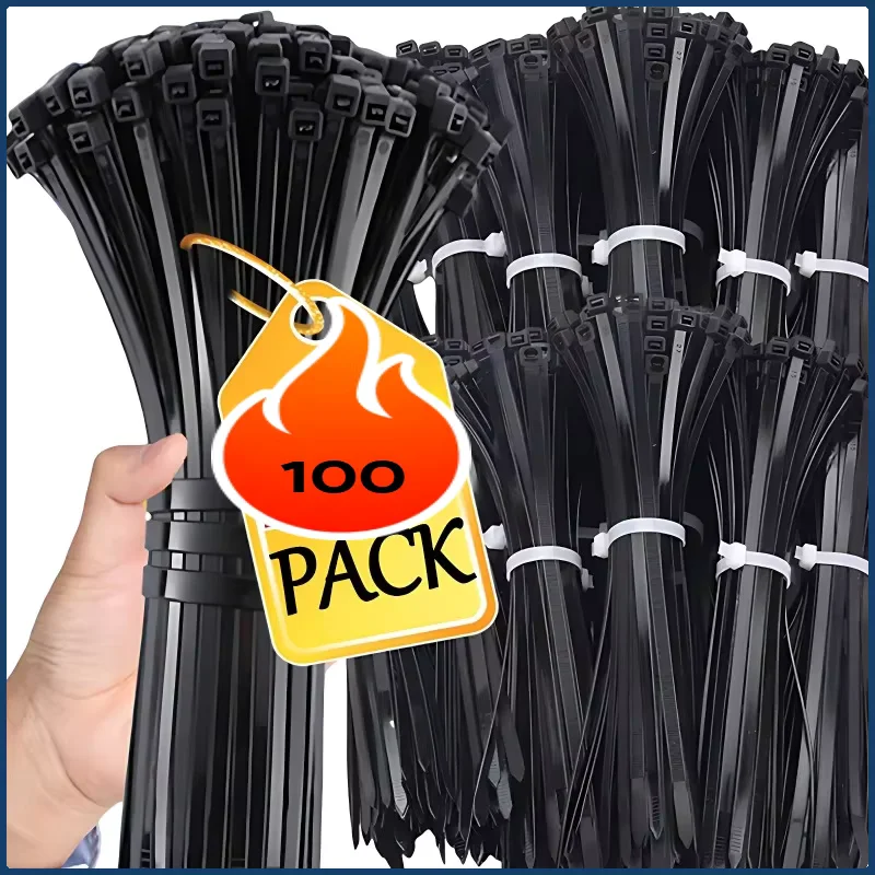 Image of 100 Stück Selbstsichernde Kunststoff-Nylon-Kabelbinder Schwarz Befestigungsriemen Kabelbinder-Set Kabel-Zip-Tie Befestigungsring Zip-Wraps Riemenbinder