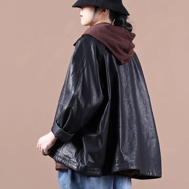 Jaqueta de couro preto feminina primavera novo solto topos vintage manga longa lapela jaqueta de couro do plutônio feminino casacos da motocicleta streetwear