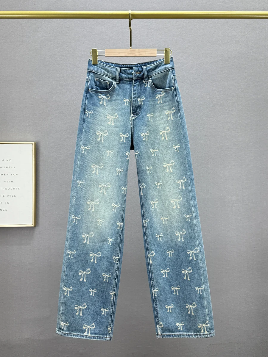

Spring 2025 High Waist Loose Fit Knot Print Wide Leg Jeans Women's Faion Long Trousers Casual Comfortable Denim