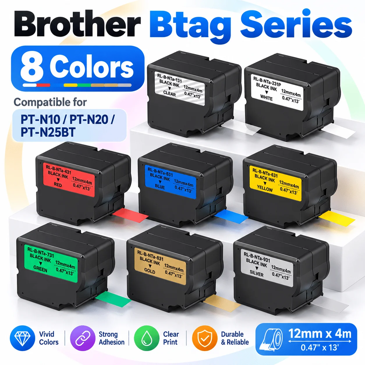 1-Pack Compatible for Brother Btag Label Tape, 12mm x 4m, Black on White,Compatible for PT-N10/PT-N20/PT-N25BT