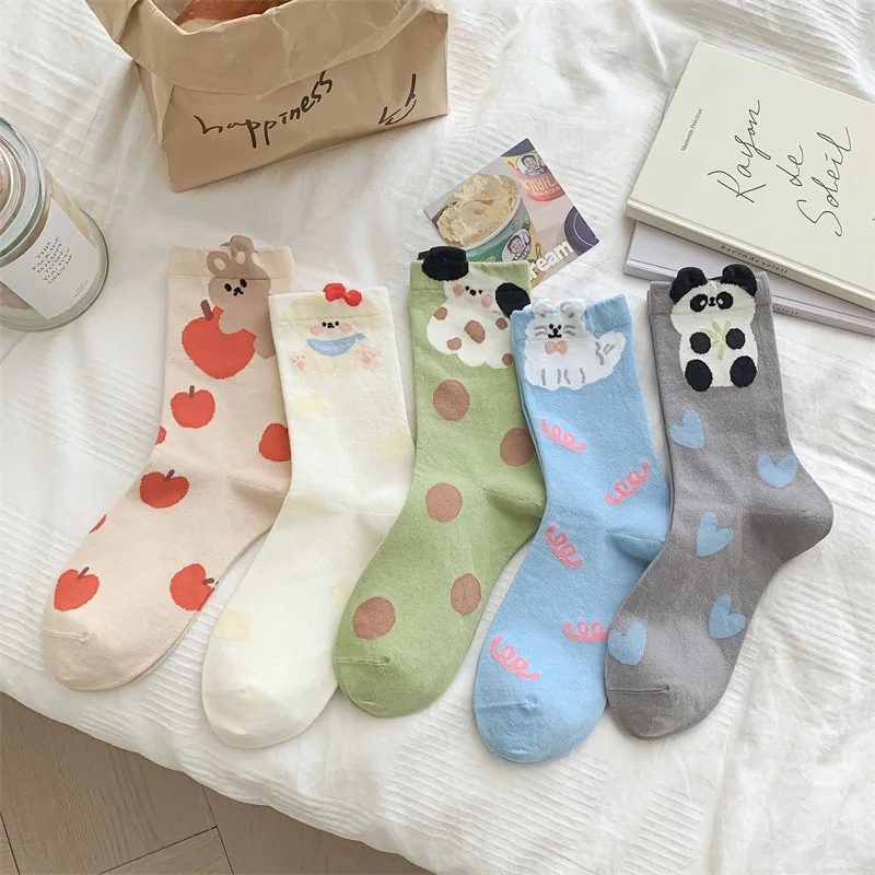 5 Pairs Spring and Autumn New Three-dimensional Cartoon Animal Tube Socks Polka Dot Color Blocked Pure Cotton Women's Socks 2025