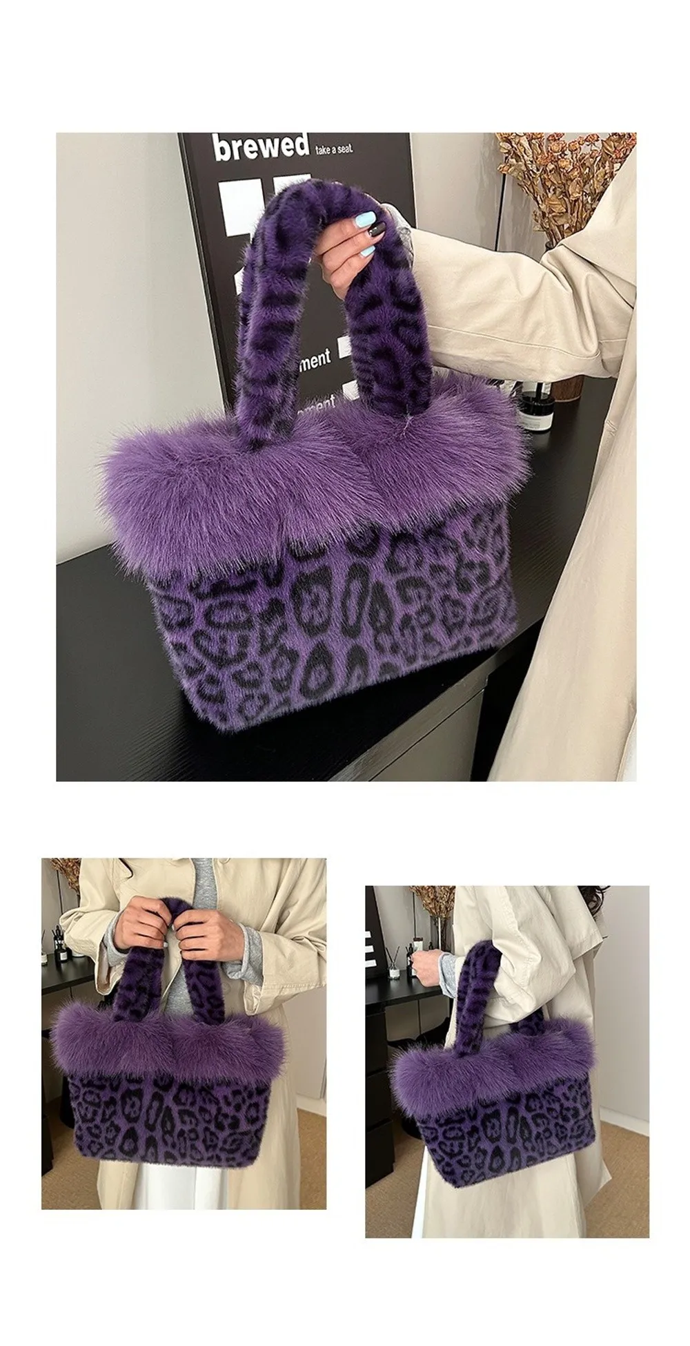 Elegante Leopardenmuster-Pelztasche, weiche, warme Schultertasche, geräumige, pelzige Handtasche für Damen. – Detail 7