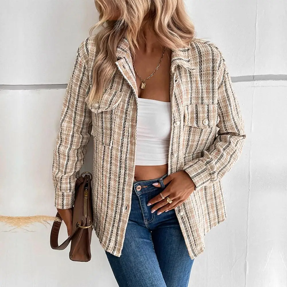 

Women Jacket Striped Plaid Cardigan Stylish Retro Plaid Print Women's Jacket with Turn-down Collar Chest for Fall for Commuting