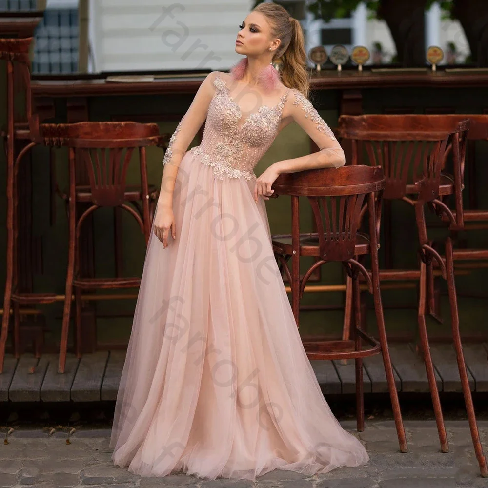 Customized Elegant Light Pink Lace Evening Dresses Tulle Beads  Hollow Out Applique Long Sleeves O Neck A-line Formal Prom Party