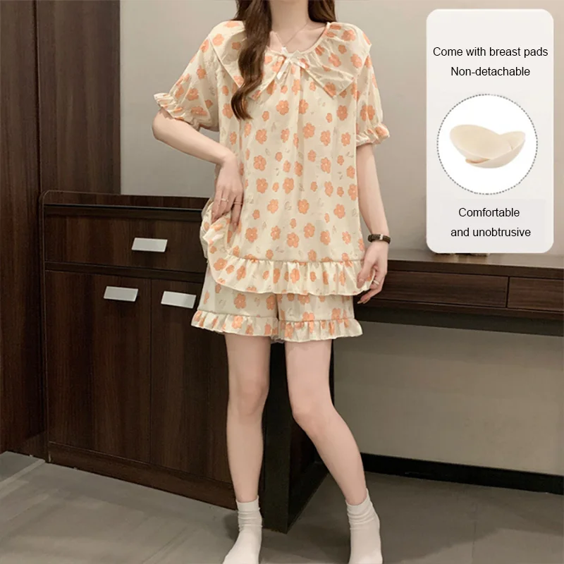 2 قطعة مجموعة الصيف قصيرة الأكمام الحلو الأميرة نمط فضفاض السراويل بيجامة مع الصدر ملابس المنزل 2025 ملابس خاصة جديدة